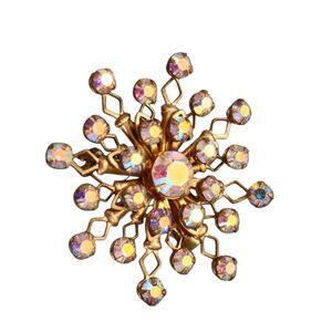 🔥Gold Tone Floral Rhinestones Brooch Clip On Earrings Art Deco Set